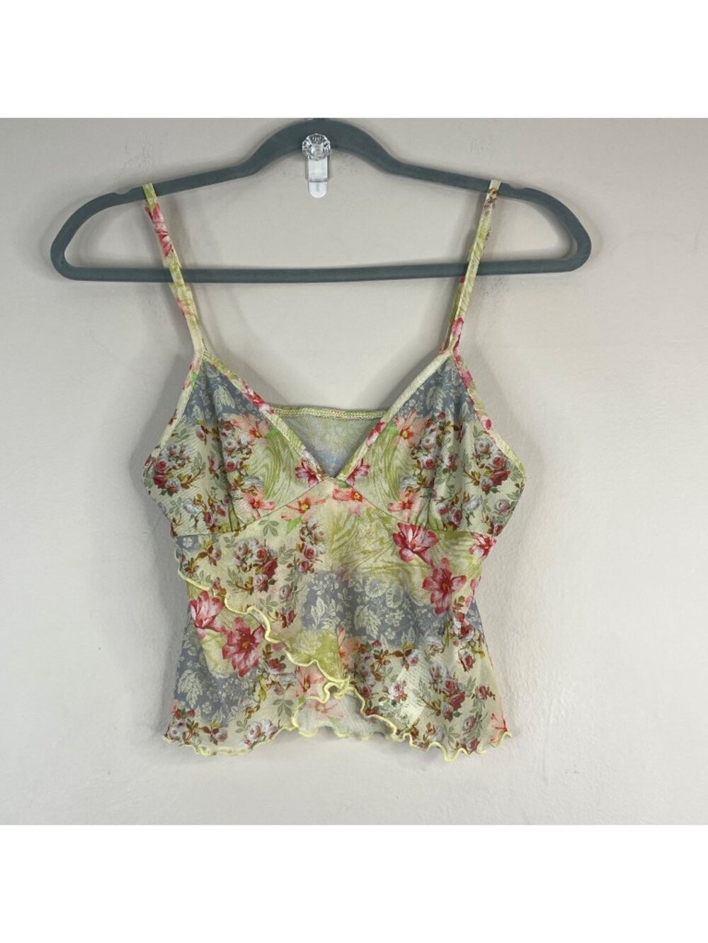 Y2K Babydoll Top Womens Medium Crop Mesh Festival Lettuce Hem Floral Fairy Boho